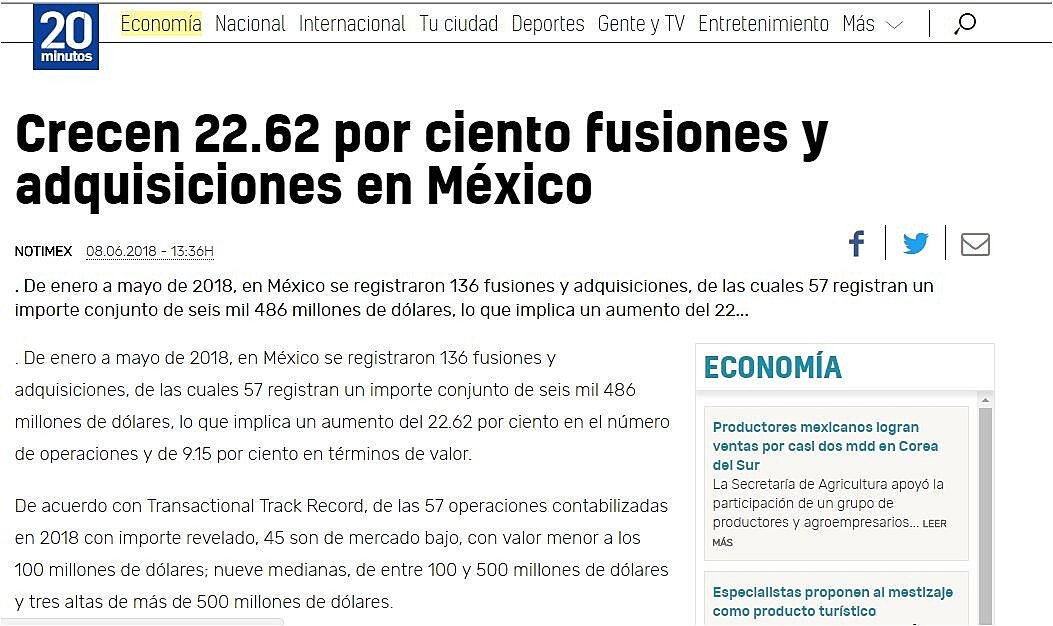 Crecen 22.62 por ciento fusiones y adquisiciones en Mxico